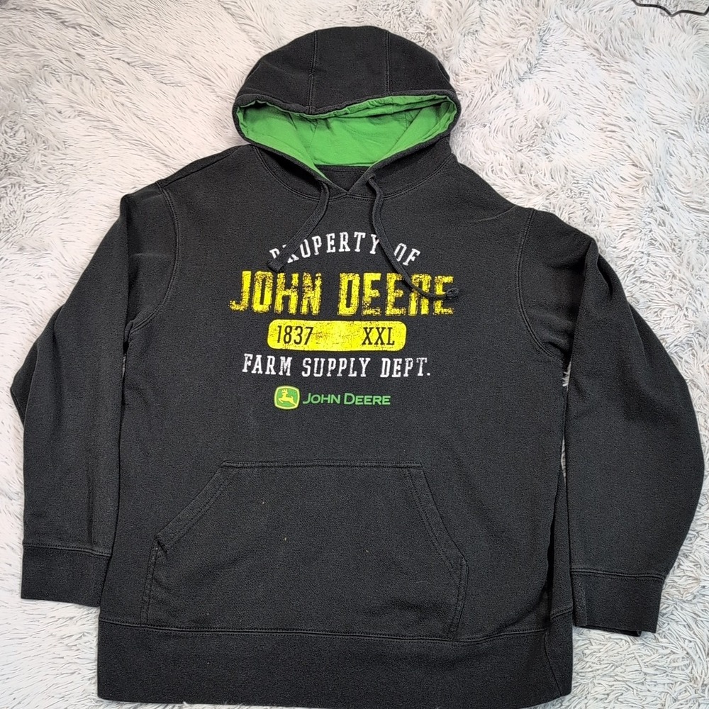 John Deere Sweatshirt Mens L Black Hoodie Athletic Farmer Chore‎ Pocket Comfort